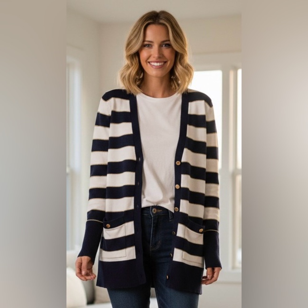 Cache white/dark blue/gold stripes/trim V-neck sweater, great condition, Small